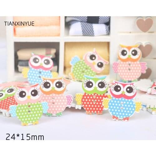 100Pcs 24*15mm Cartoon OWL Buttons Charms 2 Holes Sewing Craft Scrapbooking Painted wooden buttonsDIY Cloth Accessories