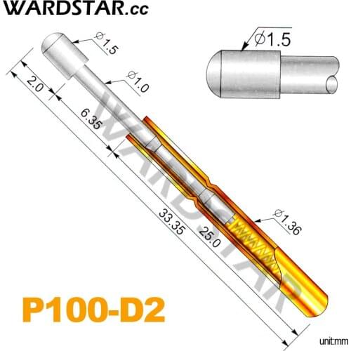 100pcs/lot P100-D2 Dia 1.5mm Spring Test Probes Pogo Pin Length 33.35mm (Stroke Spring Froce:180g) Wholesale