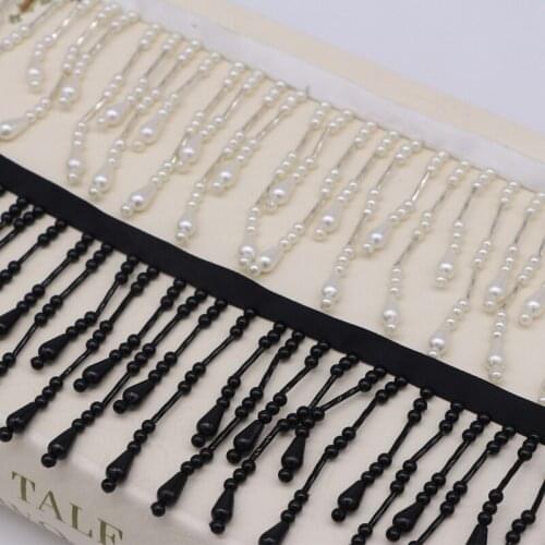 10Yds Black White Pearl Tassle Beaded Lace Ribbon Fringe Lace Trim Embroidery Lace Fabric Sewing Garment Dress Curtain Materials