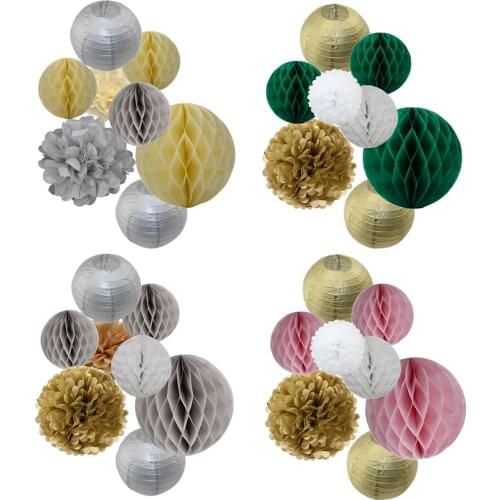 8pcs/set Christmas Decoration Gold Silver Paper Lantern 6" Red Green Honeycomb Pom Pom Birthday Party Decor Hanging Paper Crafts