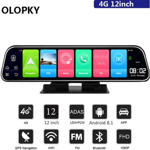 12 Inch Car DVR Rearview Mirror 4G Android 8.1 Dash Cam WIFI GPS Navigation ADAS Full HD 1080P Car Video Camera Recorder DVR