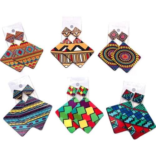 Free shipping! Newest African Printing Square Stud Wooden Earrings can mixed colors