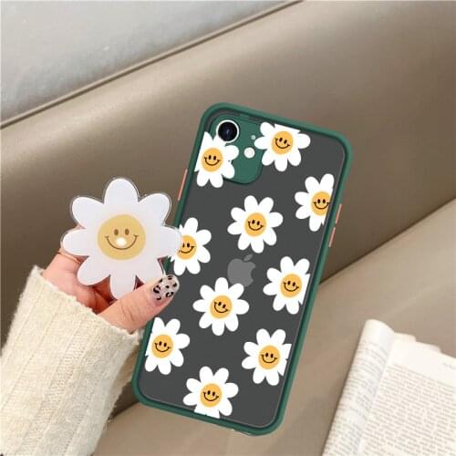 Cute Daisy Flowers Smile Holder Phone Case for IPhone 11 12 Pro X XS Max XR 7 8Plus SE20 Matte Hard PC Cover Shell with Bracket