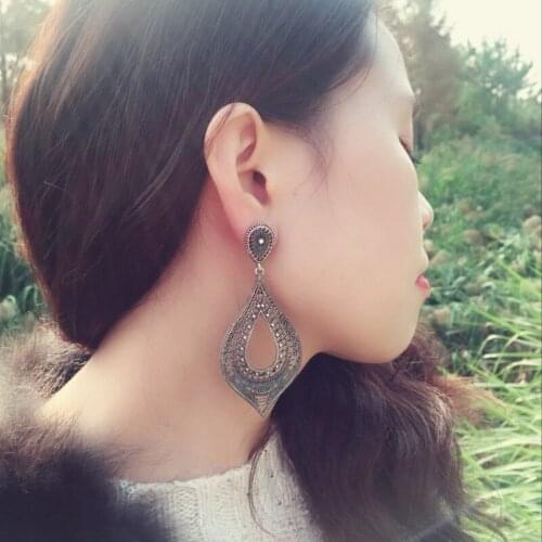 COWNINE Boho Vintage Tibetan Silver water drop eardrop Tribal Earrings Retro Big Flower Long Hanging Earrings Statement Jewelry