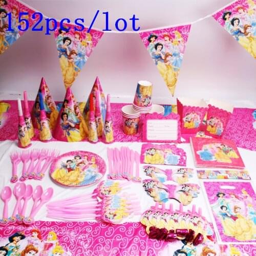 Disney Six Princess Theme Design Princess Ariel 152Pcs/Lot Birthday Party Decoration Pink Tableware For Child Party Supply
