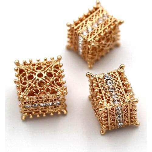 Dubai Gold African Spacer Beads Filigree Square Connectors Paved Rhinestone Findings DIY for Chile Women Men Wedding Jewelry Set