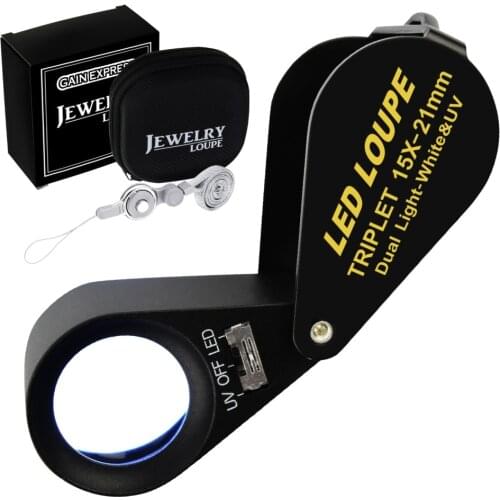 15x 21mm Optic Glass Loupe 6 LED & UV Light Magnifier Jeweler Foldaway Pocket Black Frame Achromatic Aplanatic Triplet Lens