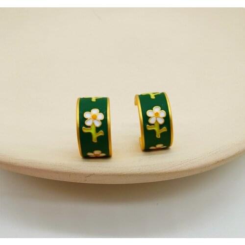 European and American court vintage flower earrings ink green C-shaped new earrings earrings