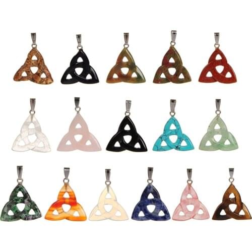 Wholesale 12ps/lot Triangle Pendant Carving Hollow Natural Stone Pendants Rubys Fuchsite Charm 7 Chakra Pendulum Free Shipping