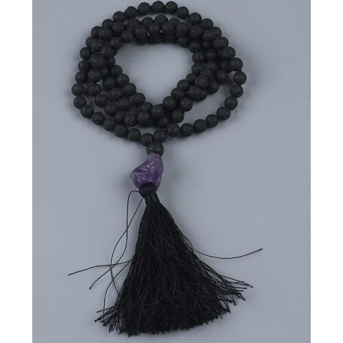 Natural Lava Stone Long Tassel Amethyst Pendant 108pcs MALA Necklace