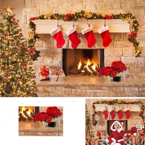 Christmas Brick Wall Fireplace Portrait Photography Backdrop Socks Christmas Trees Gifts Background Winter Baby Shower Party