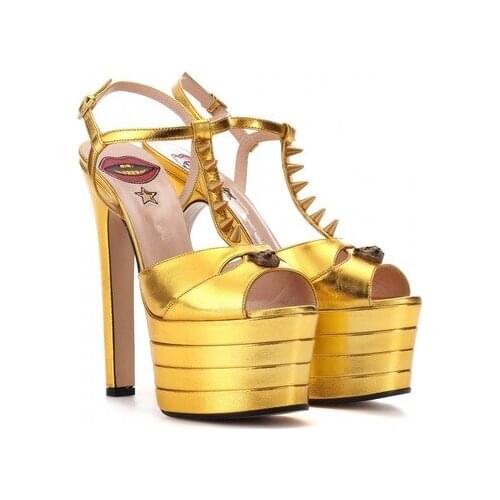 Round-toe Waterproof Platform Buckle High Heels Rivet Color Matching Hollow Fish Mouth Lipstick Pattern Fashion Sandals