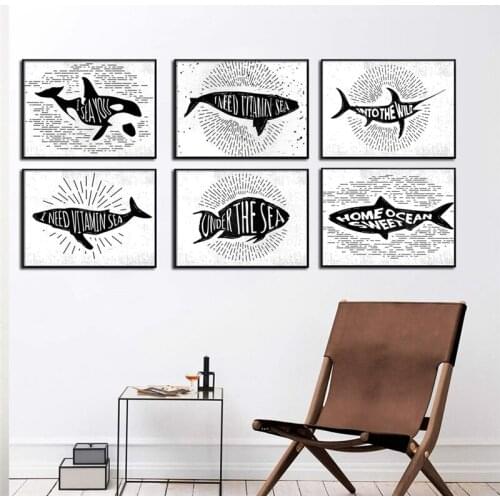Nordic Minimalist Abstract Black and White Ocean Fish Whale Shark Print and Poster Wall Picture Decoration Painting No Frame
