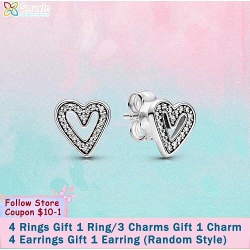 Smuxin 925 Sterling Silver Sparkling Freehand Heart Stud Earrings Cubic Zirconia Statement Stud Earrings Women Earrings Gift