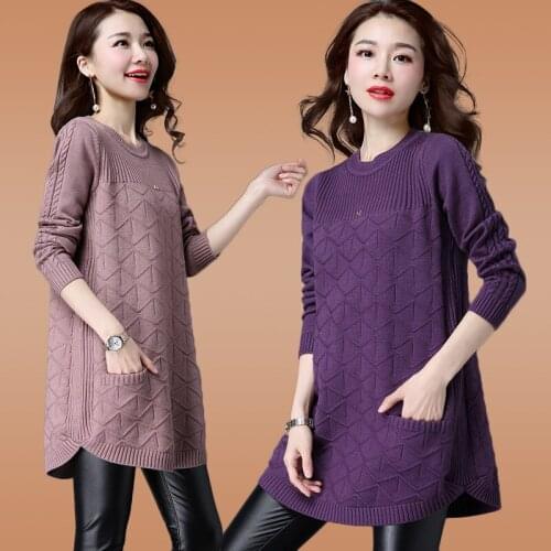 Medium length sweater womens loose size womens warm pocket knitted bottom shirt Korean solid color thread buttock skirt