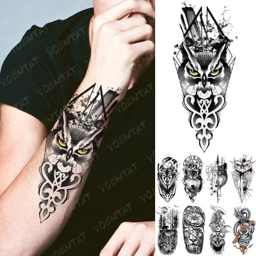 Waterproof Temporary Tattoo Sticker Yellow Eyed Owl Flash Tattoos Forest Wolf Tiger Dragon Body Art Arm Fake Tatoo Women Men