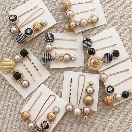 Japan Fashion Hair Accessories Cloth Button Imitation Pearl Hair Clips Metal Heart Star Vintage Hairpin Barrettes For Women Girl