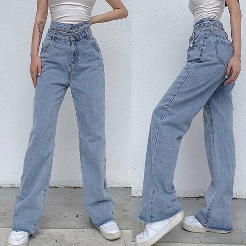 2021 New Womens Jeans, Hollow Out High Waist Pants with Pocket Loose Straight Hem Trousers for Female Fashion