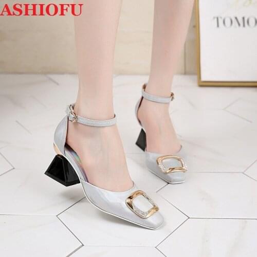 ASHIOFU New Real Photos Handmade Ladies Thick Heel Pumps Buckle Strap Party Prom Dress Shoes Sexy Evening Fashion Court Shoes