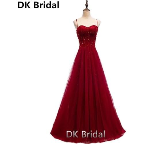 Robe De Soiree New Burgundy A-Line Sexy Sweetheart Spaghetti Straps Sequins Beaded Evening Dresses Long Party Gowns 2019