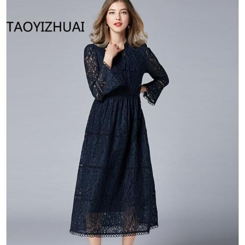 TAOYIZHAUI New retro elegant style large size release blue dress hollow and bare length slim womens dress 16206