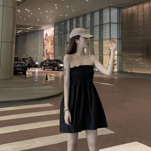 Wenfly Women Strapless Sleeveless French Hepburn Elastic Waist Pleated High Street Casual Temperament Mini Dress Summer