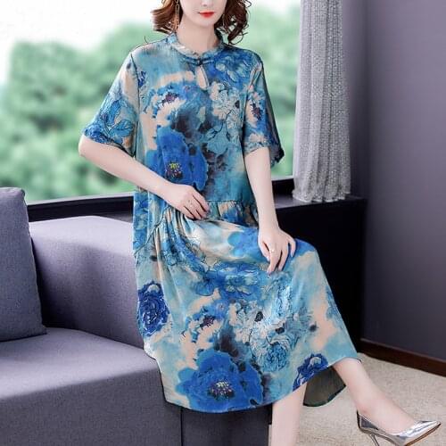 2021 Chinese Style Floral Mulberry Silk Midi Dress Women Vintage Loose 4XL Plus Size Beach Summer Elegant Bodycon Party Vestidos
