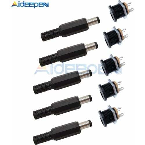 10PCS (5Pairs) 12V 3A 5.5 x 2.1mm Plastic Male Plugs DC022 DC Power Socket Female Jack Screw Nut Panel Mount Connector 5.5*2.1MM