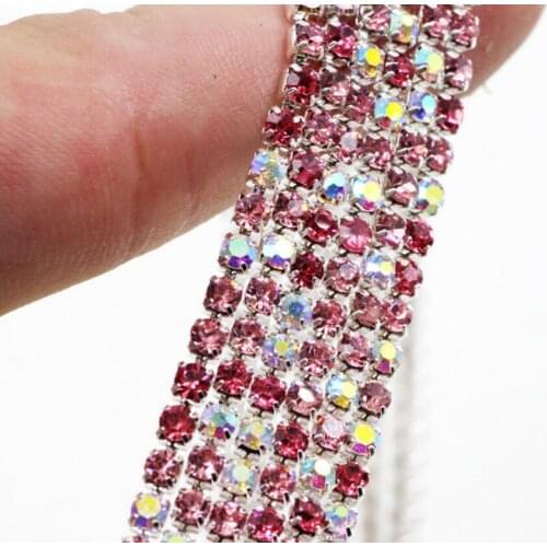 10Yard Bling Rose Pink+AB Gradient DIY Dense Silver Base Claw Crystal Rhinestones Chain For Wedding Clothing Art Decoration
