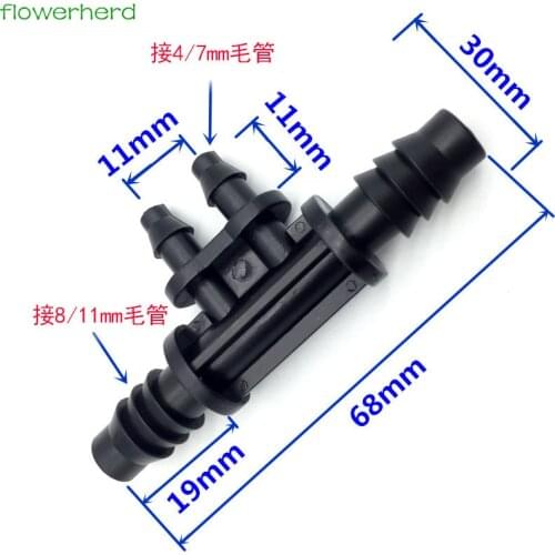 100Pc Sprinkler Irrigation 4/7mm Tee Pipe Barb Hose Fitting Joiner Drip System for 4mm/7mm Tube 8/11 hose connector 8mm turn 4mm