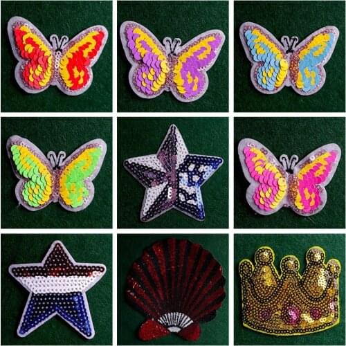 2PCs/Lot Sequin Star Patch Butterfly Stickers DIY Fabric Appliques Badges Sew On Coats Jeans Pants Stripes Accessory