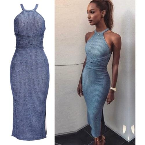 2019 Women Sleeveless Dress Fashion Tight Backless Knitting Maxi Top Female Party Vestidos Sexy Dress Autumn And Winter Blue