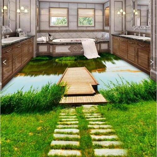 Beibehang Floor 3D Wallpaper green trail lake Bathroom Floor Mural-3d PVC Wall paper Self-adhesive Floor painting wall stickers