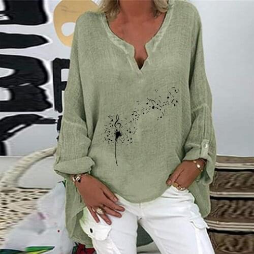 4# Shirts Women T-shirts Floral Print Linen Cotton Vintage Plus Size Women Top Casual Long Sleeve Shirts Loose V-neck T-shirt