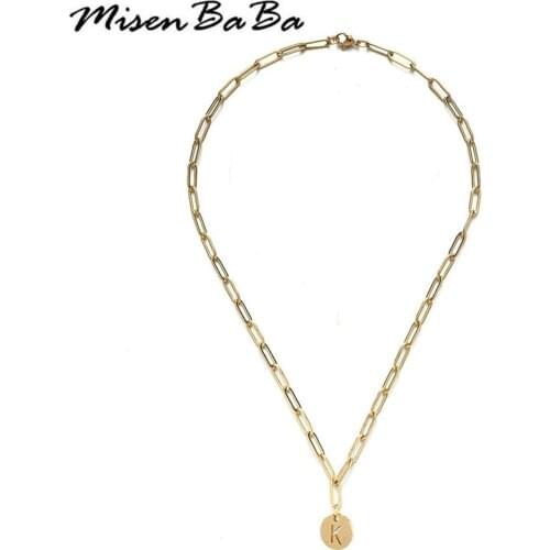 40cm 50cm Stainless Steel Round Medal Design 26 Letter Initial Pendant Necklace for Women PaperClip Chain lyrics Alphabet Choker