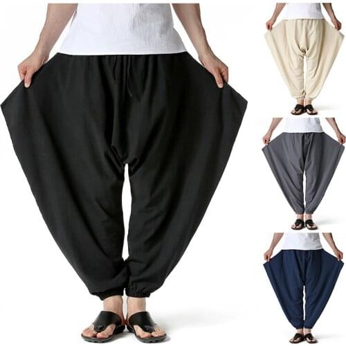 Retro New Big Pockets Harem Pants Men Flying Rat Pants Drawstring Cotton Home Trousers Loose Black Joggers 20210413-2