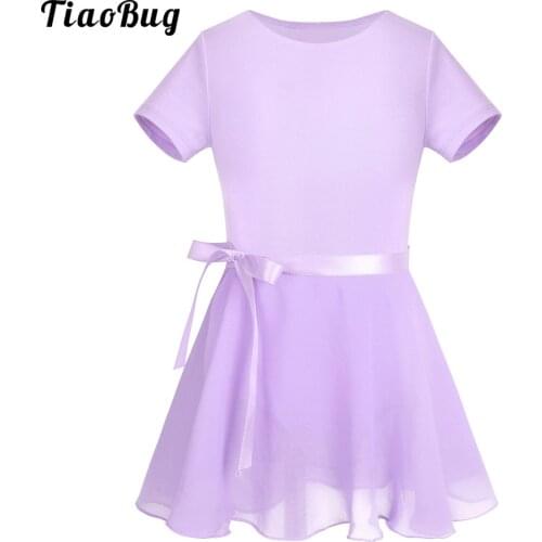 Kids Girls Cotton Short Sleeves Ballet Dance Dress Gymnastics Leotard With Chiffon Tied Skirt Outfit Set