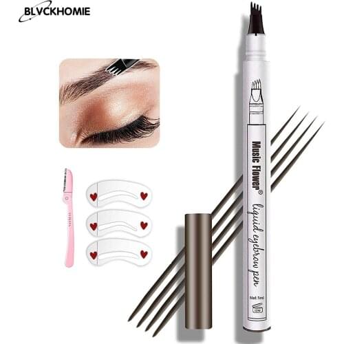 Eyebrow Pen,Waterproof 4 Fork Tip Eyebrow Pencil ,Long Lasting Professional Eyebrow Ink Pen with 3 Eyebrow Stencil &1 Brow Razor