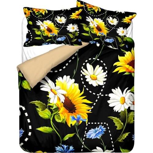 Kids Paradises Sunflowers Bedding Set Luxury Floral Duvet Cover King Size Home Textiles Yellow Black Bedclothes Single King Size