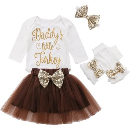 4PCS Set Baby Girl Romper Bodysuit 1st Thanksgiving Set Tutu Skirts Headband Leg Warmer Outfits Clothes