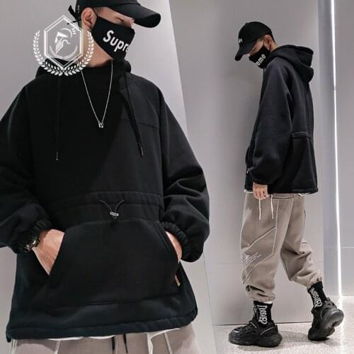 Men Fashion Loose Solid Fleece Heavyweight Casual Pullover Hip Hop Sweatshirts with Hooded