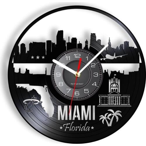 Miami Cityscape Wall Clock Made Of Re-purposed Vinyl Record America Costal City Landscape Luminous Timepiece Retro Traveler Gift