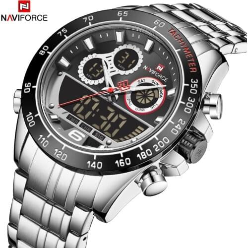 NAVIFORCE Fashion & Business Men Sliver Dual Display Chronograph Watch Mens Luxury Business Wristwatch Stainless Steel Waterproo