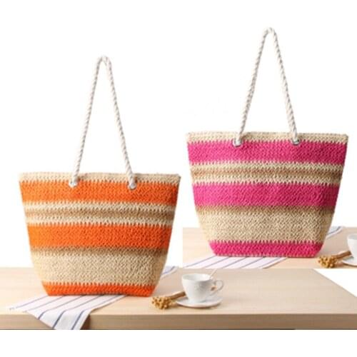 School style new striped hit one-shoulder straw bag Summer fashion retro tourist resort sandy casual woven bag