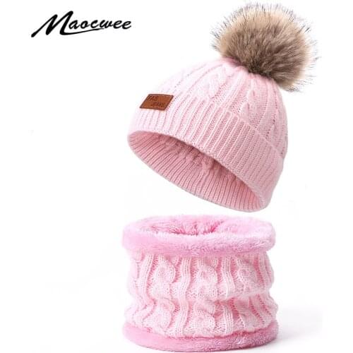 Autumn Winter Nack Ring Scarf Sets For Children With Faux Fur Pompon Warm Knitted Thick Hat Scarf Set Solid Kids Crochet Beanies