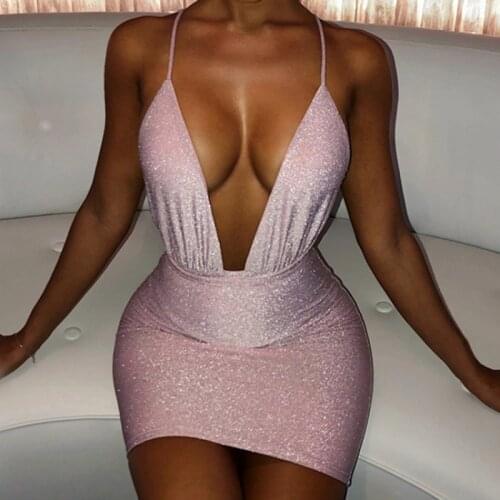 Sexy Backless Glitter Dress Women Deep V Bodycon Mini Dresses 2020 Summer Night Club Party dress
