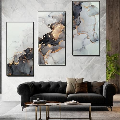 Nordic Black and Gold Abstract Ink Canvas Painting Modern Porch Oil Painting Mural Wall Art Poster Picture for Living Room
