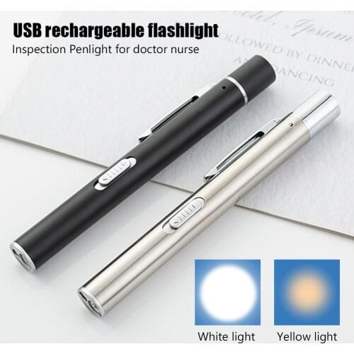 2 Modes Working LED Flashlight Clip Inspection For dentist Camping Hiking Out USB Mini Light Penlight Pocket Portable Pen Lamp