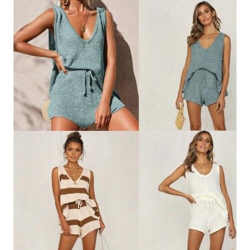 Summer Womens Striped Vest Beach Deep V-Neck Top And Shorts Casual Two-Piece Drawstring Te Knit Sweater Housewear