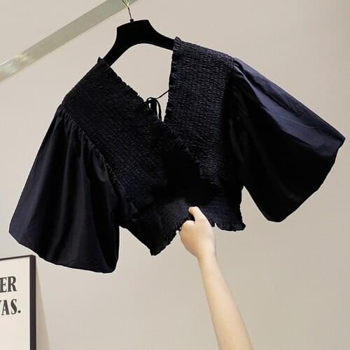 Sweet Puff Sleeve Elastic Pleated Waist Tight V-neck Crop Top for Women Slimming Shirt Solid Color Short Blouses Blusas Femme